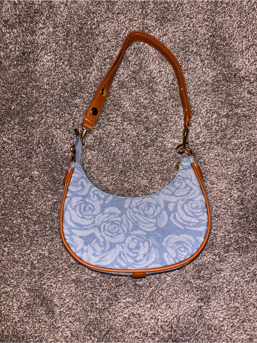 Amazon Blue Rose Jacquard Crescent Shoulder Bag with Tan Trim
